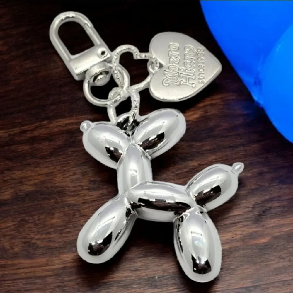 Silver Balloon Dog Keychain 3D Pop Art Bag Charm Heart Novelty Purse Accessory